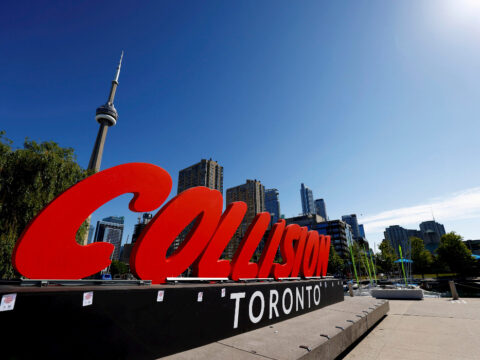 A Collision sign ahead of the start of Collision 2022 in Toronto