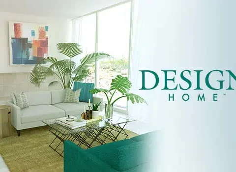 image of the logo and background for the game design home it includes the words design home and a digital rendering of a very fashionable living room decorated in white and turquoise with florals