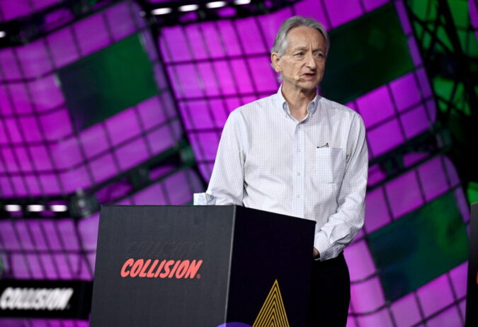 Geoffrey Hinton AI expert on stage speaking at Collision conference
